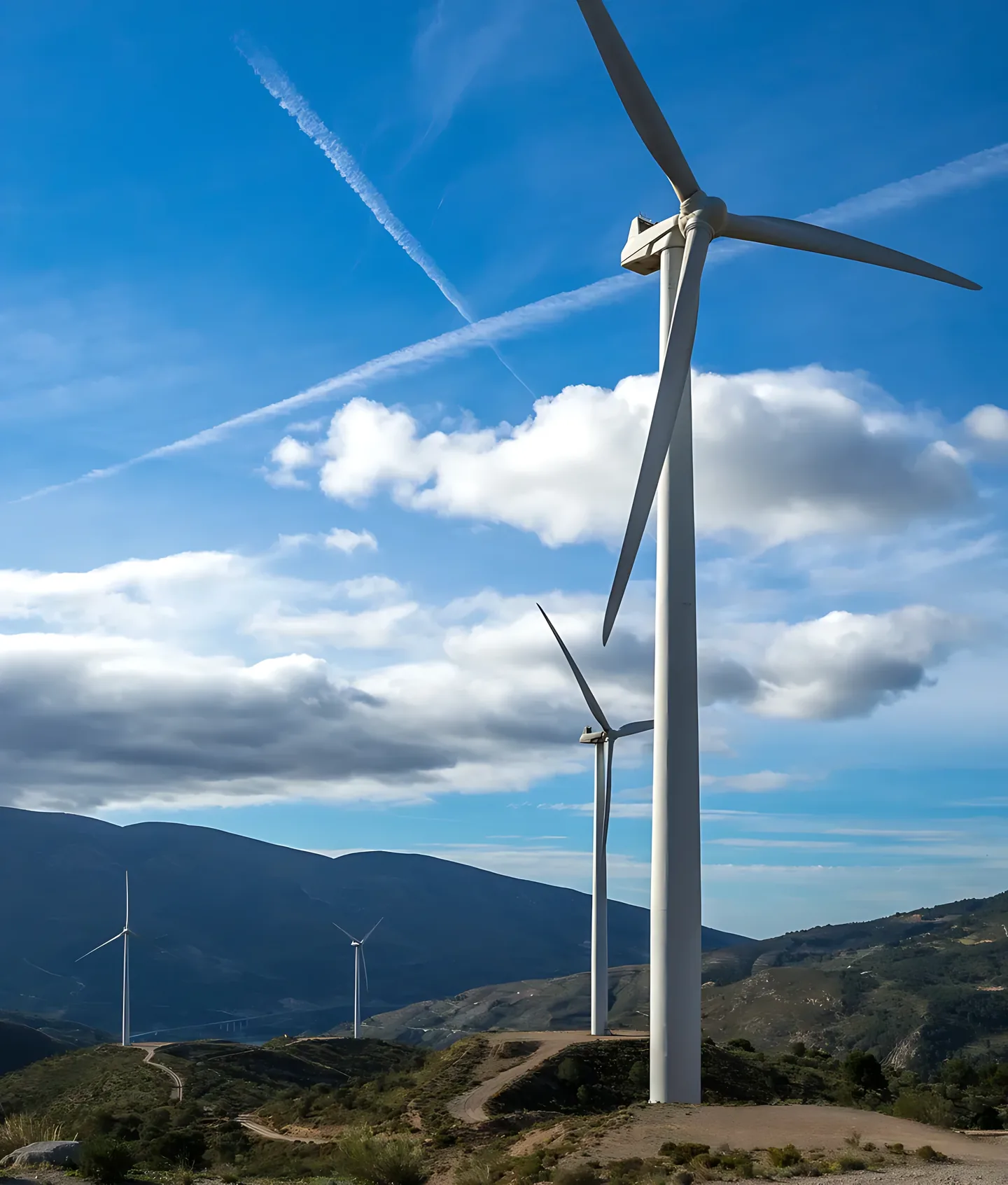Wind turbines on a mountain ridge under a blue sky